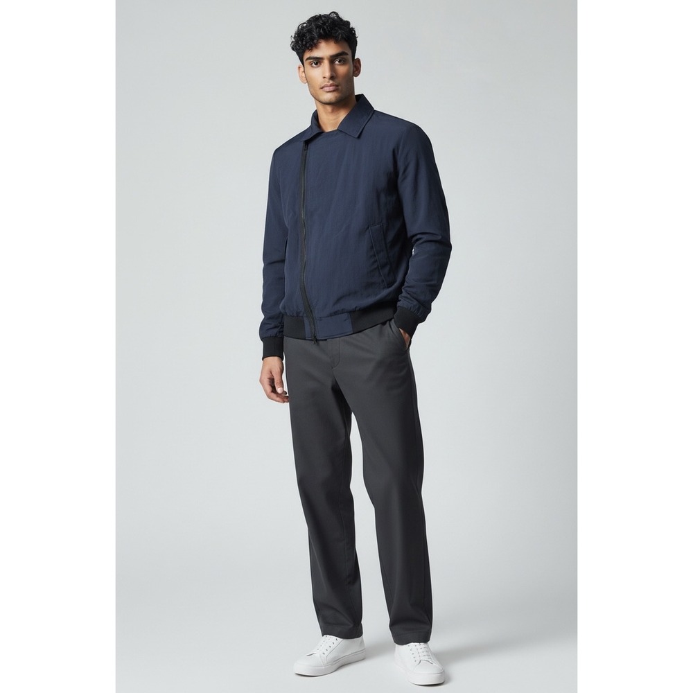 Zara Man Navy Blue Bomber Jacket Asymmetrical Zip Collar Size L‎